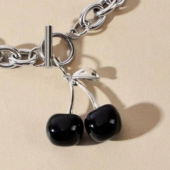 Y2K Gothic Halloween Black Cherry Silver Tone Chain Link Choker Necklace - Picture 4 of 8